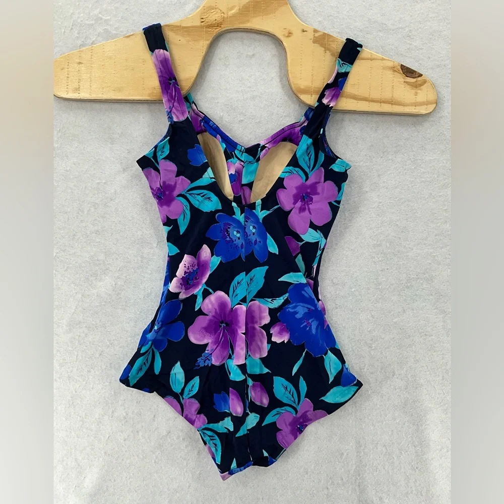 La Cove Swimsuit Floral Ruched‎ Front Purple Blue Black Size 12